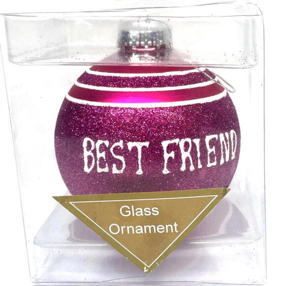 Best Friend Pink Glitter Glass Christmas Ornament 4" Gift Boxed